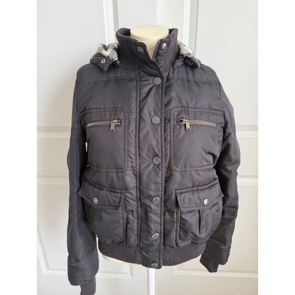 Victorias Secret PINK Puffer Jacket Black Plaid Hood Utility Bomber Coat VTG Y2K